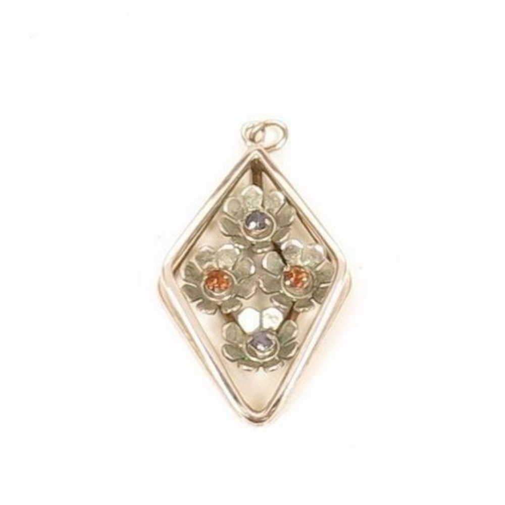 Vintage Silver Toned Flowers Orange & Purple Rhinestone Necklace Pendant*E925
